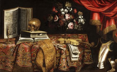 Vanitas con violín, libro de partituras, jarrón de flores y calavera de Pierfrancesco Cittadini